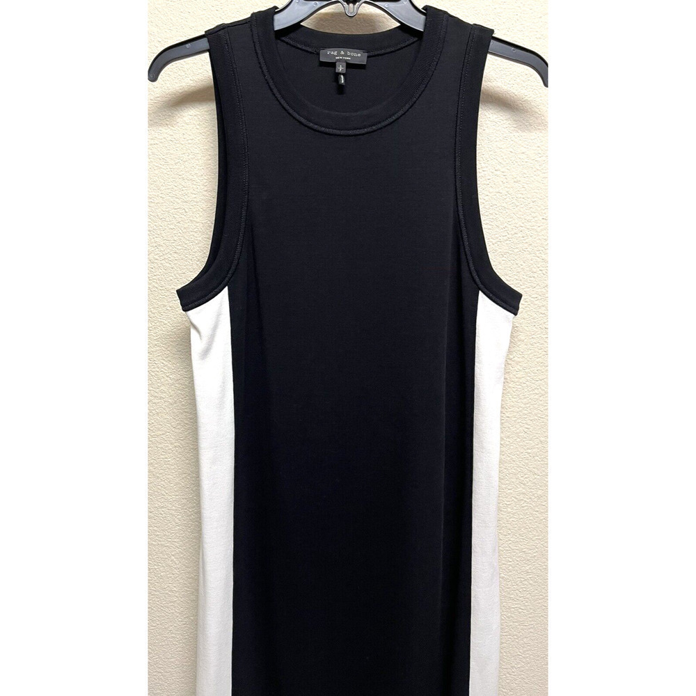 RAG & BONE Sam Black White Ribbed Sleeveless Slit Pencil Midi Dress Size S